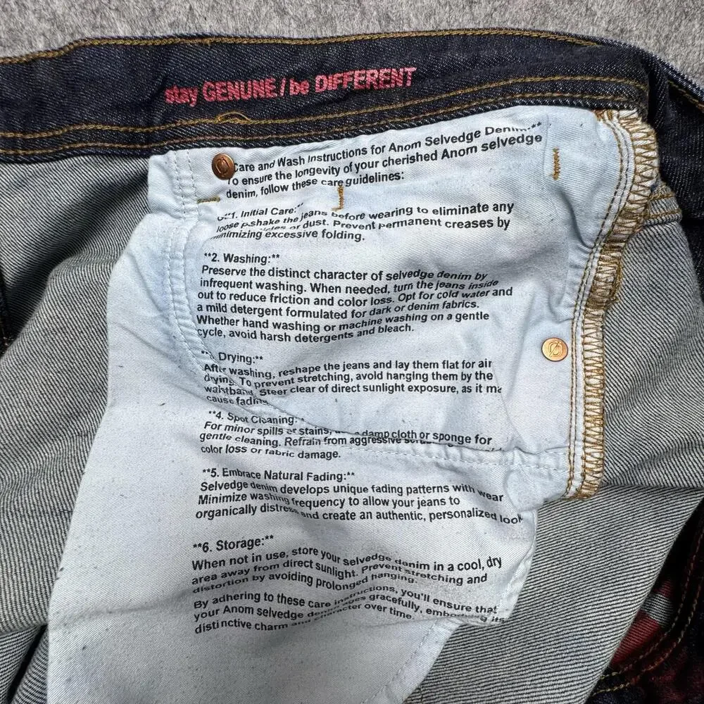 ANOM Jeans Mens 38x32 Blue Slim Straight Selvedge Button Fly Denim Pants Casual